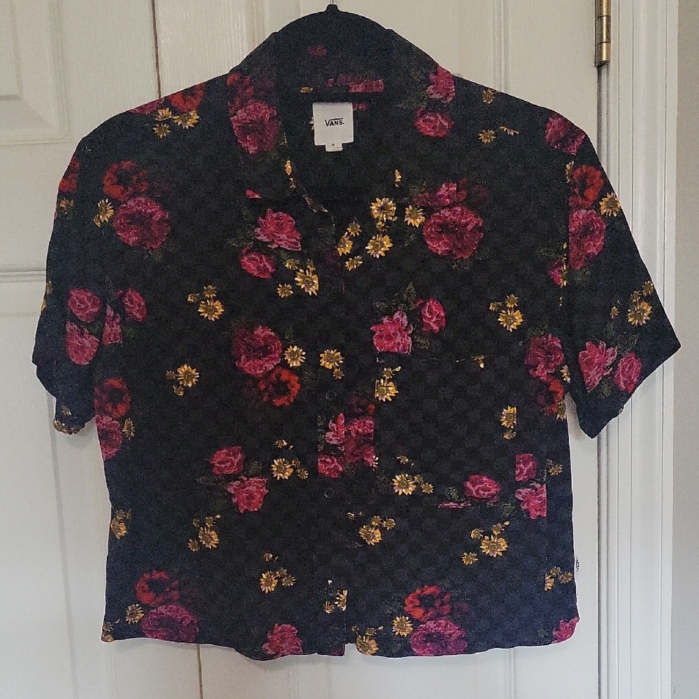 Vans Black Button-Up Shirt with Pink & Gold Floral Print